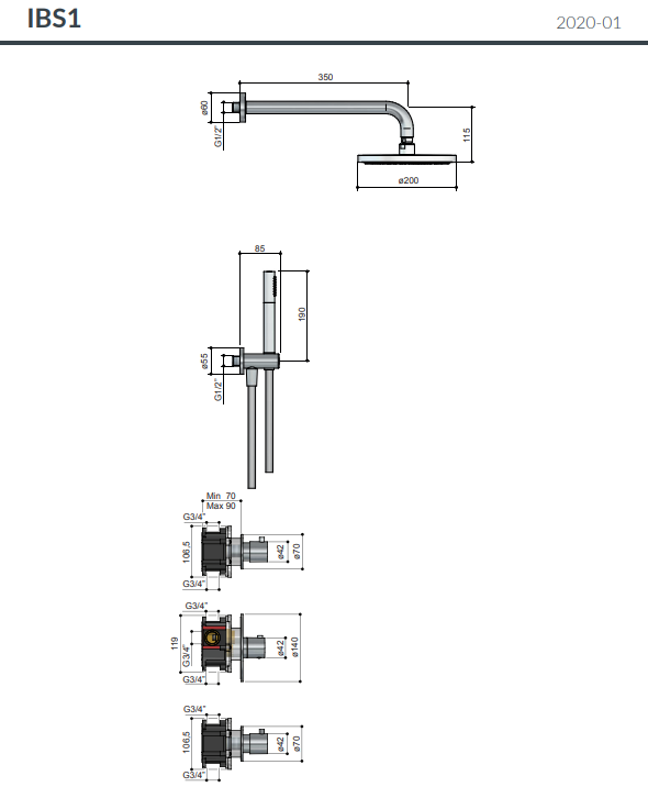 Hotbath | Get together | IBS1 | Regendoucheset | Inbouw | 35cm wandarm | 20cm ronde hoofddouche | 3 standen handdouche met glijstang | Chroom