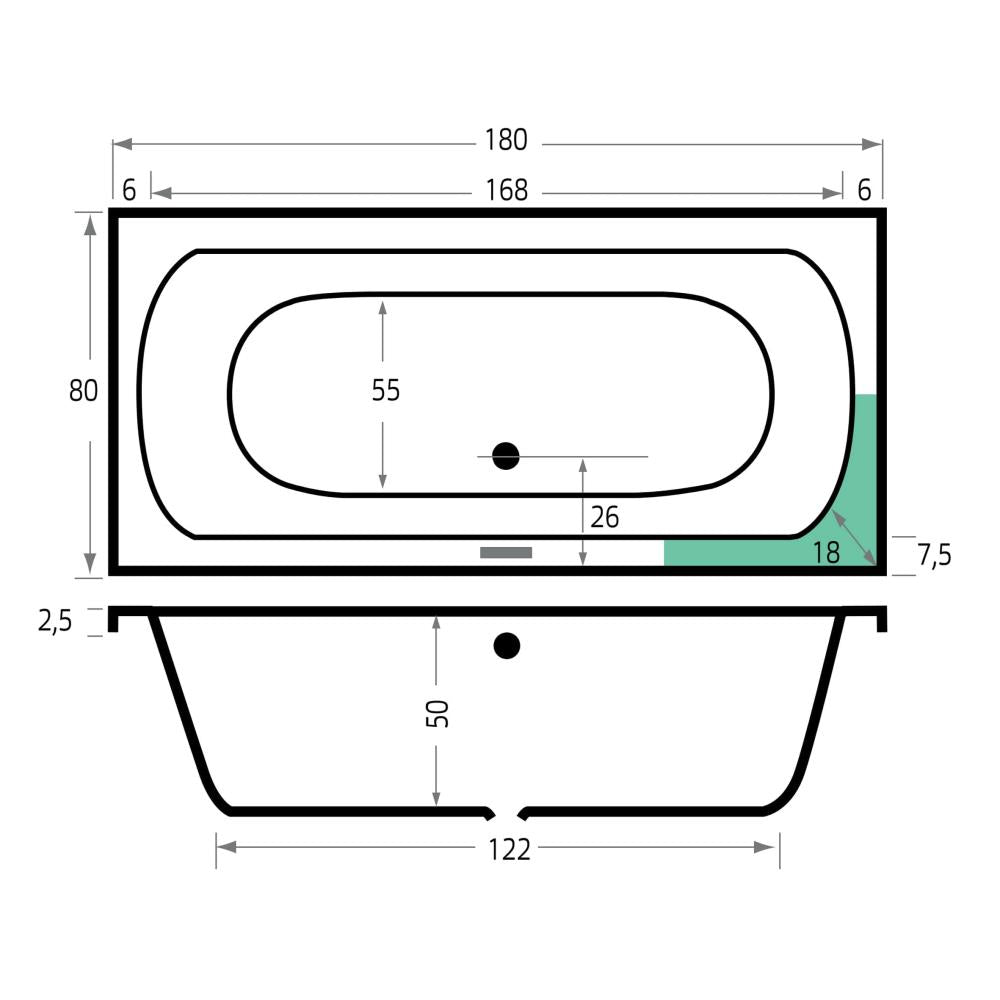 Xenz | Lagoon | Ligbad | 180x80cm |met overloop | zonder afvoer | Acryl Wit
