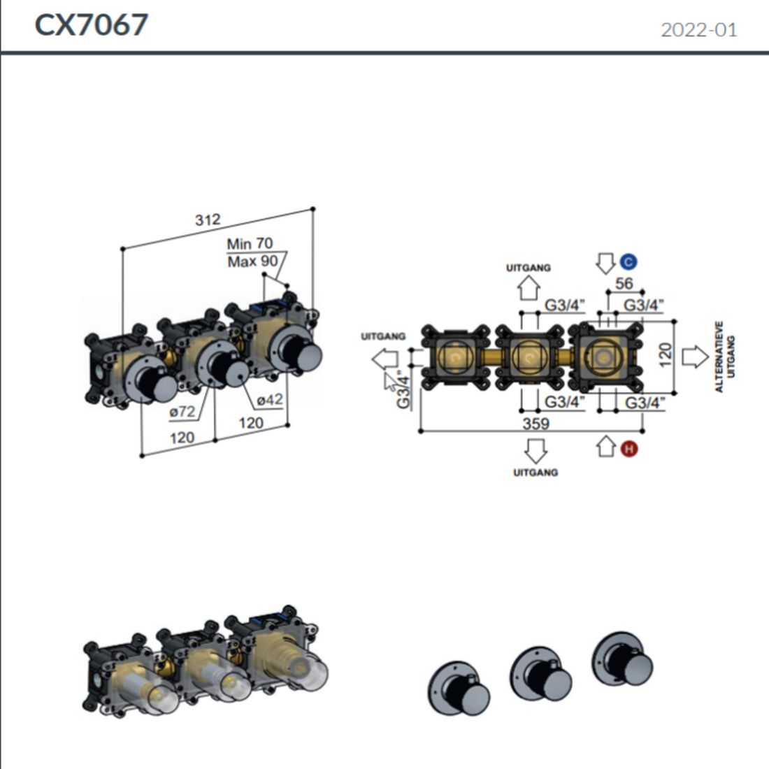 Hotbath | Cobber X | Afbouwdeel | Met inbouwdeel voor douchethermostaat | Met 2 stopkranen | Horizontaal/verticaal | Geborsteld Messing pvd