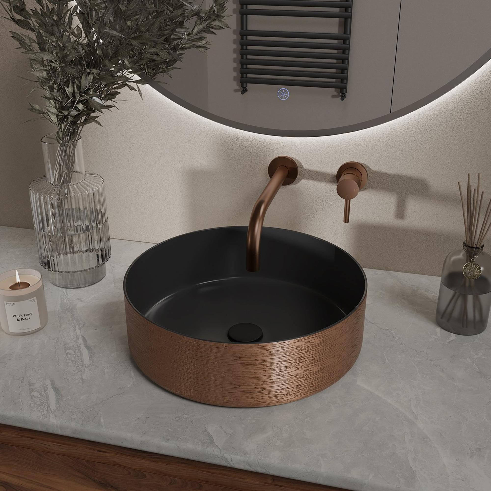 Dolphin | Mondri | Waskom | Rond | 36 X 36 X 12 cm | Mat zwart | Geborsteld brons koper