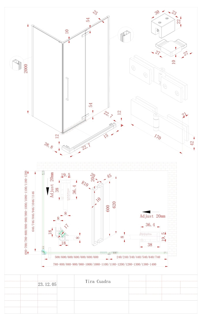 Tira Cuadra Zijwand 90*200 cm (tot H:203 cm) Technische tekening