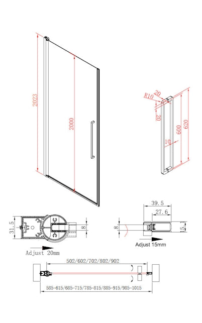 Pisa Giro de Luxe draaideur 90*200 cm MB (tot H:203 cm) TEKENING