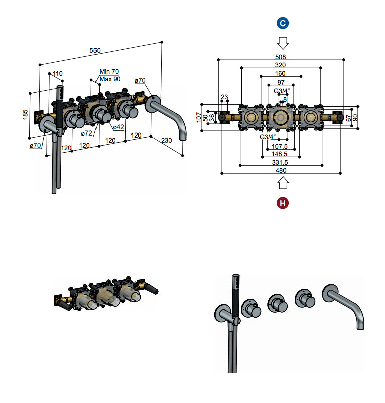 Hotbath | Cobber | Inbouw badthermostaat met 2 stopkranen | Met uitloop | Geborsteld Messing (goud) PVD