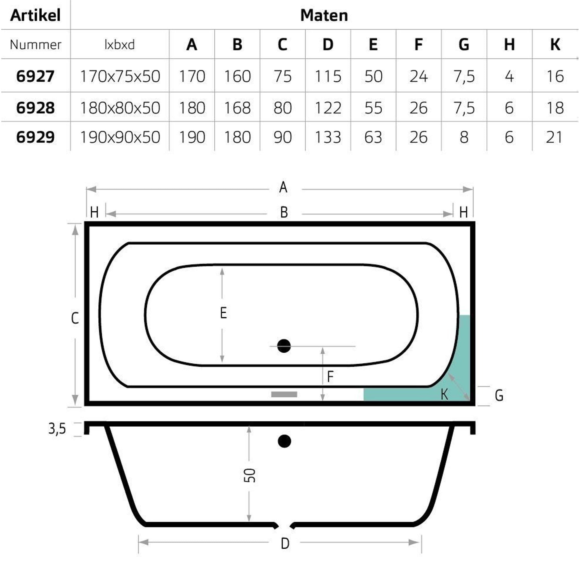 Xenz | Lagoon | Ligbad | 180x80cm |met overloop | zonder afvoer | Acryl Wit