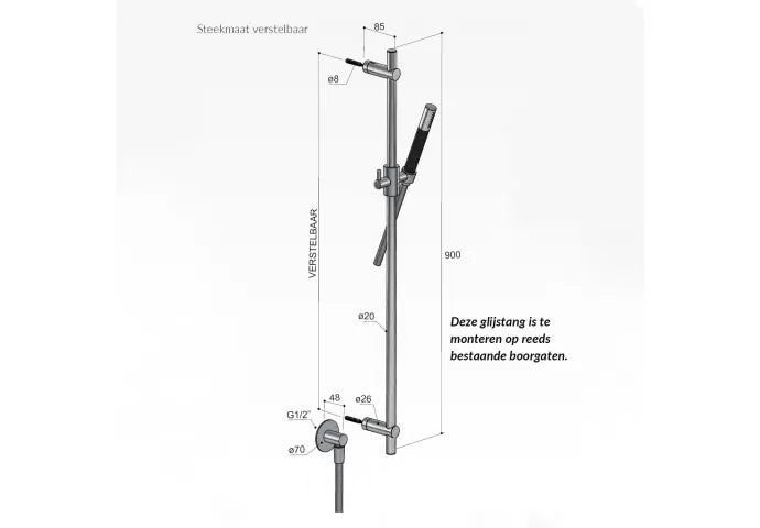 Hotbath | Cobber | Glijstang 90cm | Met wandaansluitbocht | 150cm doucheslang | Met staafhanddouche | Geborsteld Messing PVD