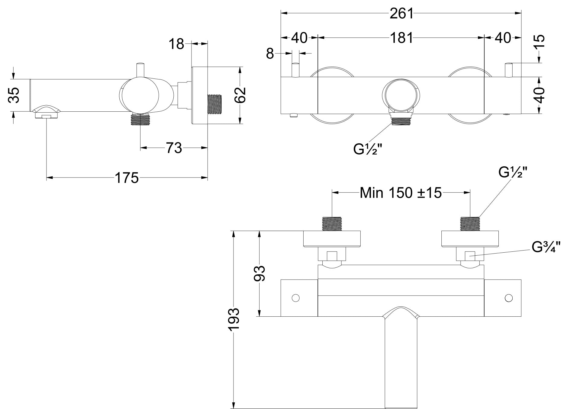 May badthermostaat combiset incl. wandsteun - doucheslang 125 cm - staaf handdouche - chroom technische tekening