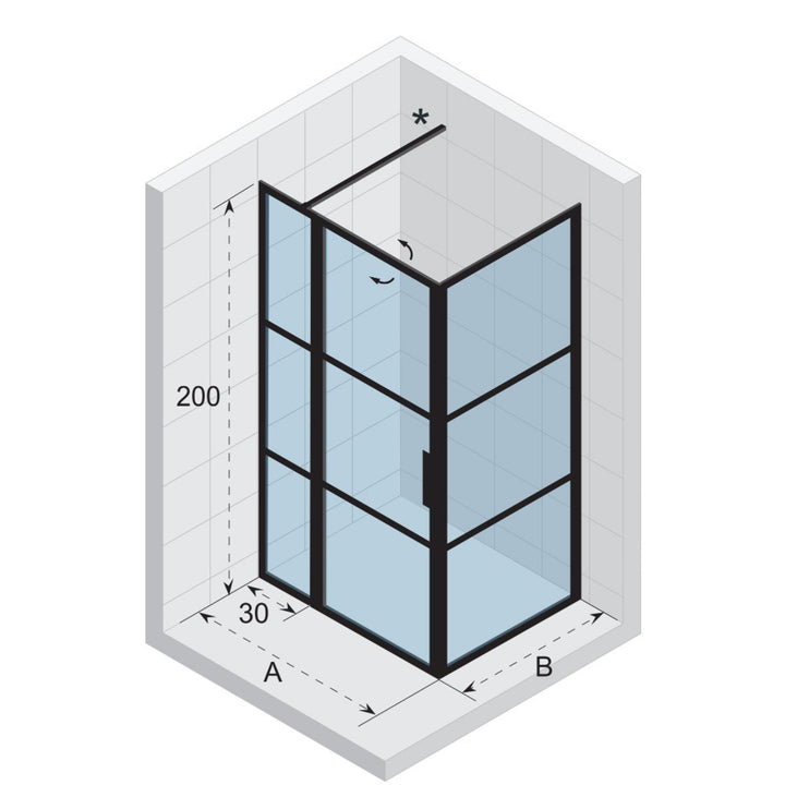 Riho | Grid | douchecabine | XL | 110x90x200cm | 1 draaideur | zwart profiel | helder glas