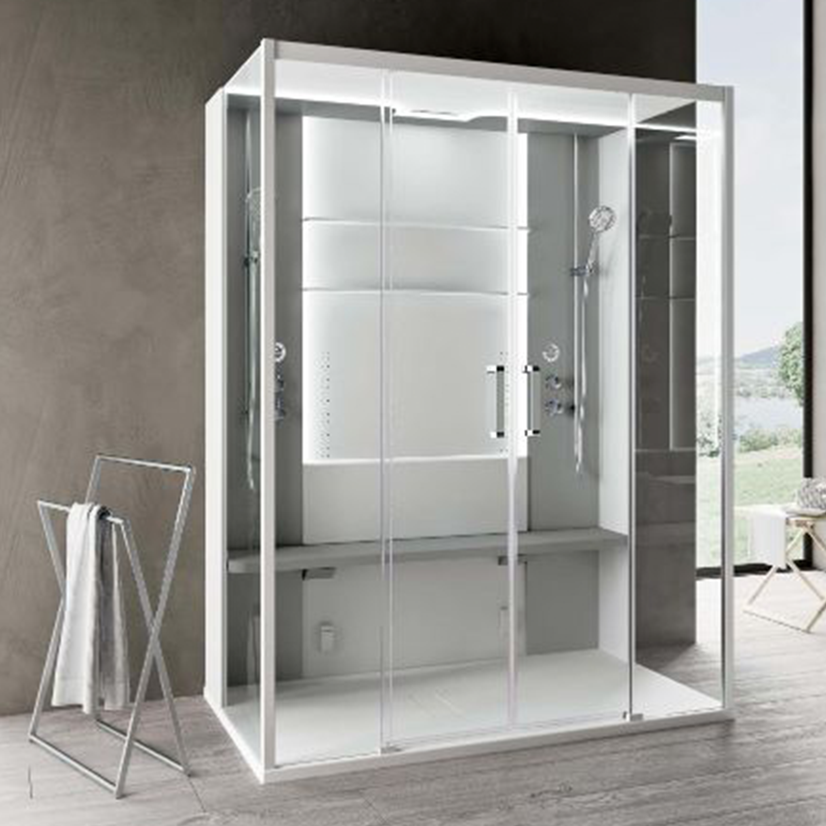 Novellini | Skill-Dual | Stoomcabine | Hammam | 160x97x12.5cm | Kiezelgrijs | Matwit