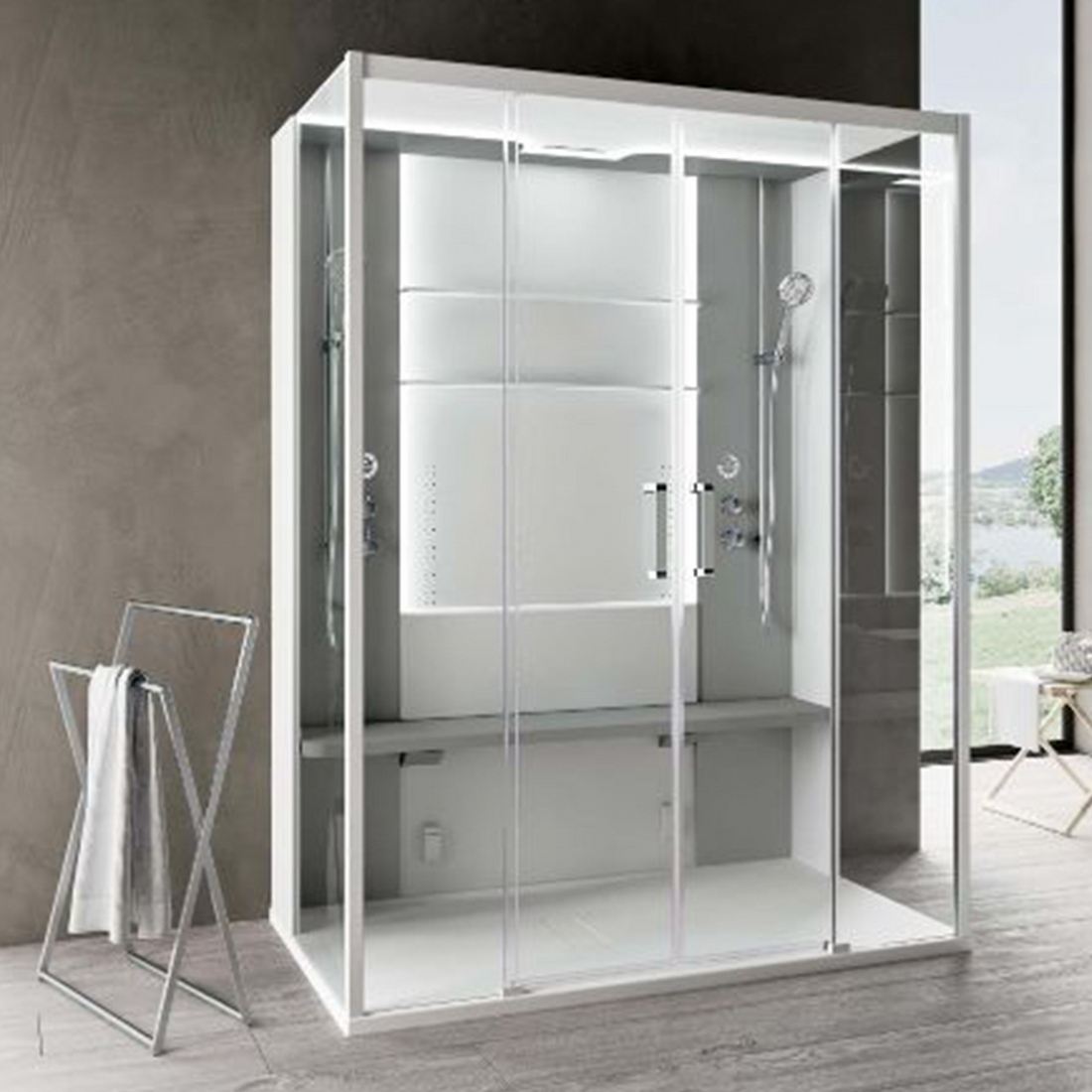 Novellini | Skill-Dual | Stoomcabine | Hammam | 160x97x12.5cm | Kiezelgrijs | Matwit