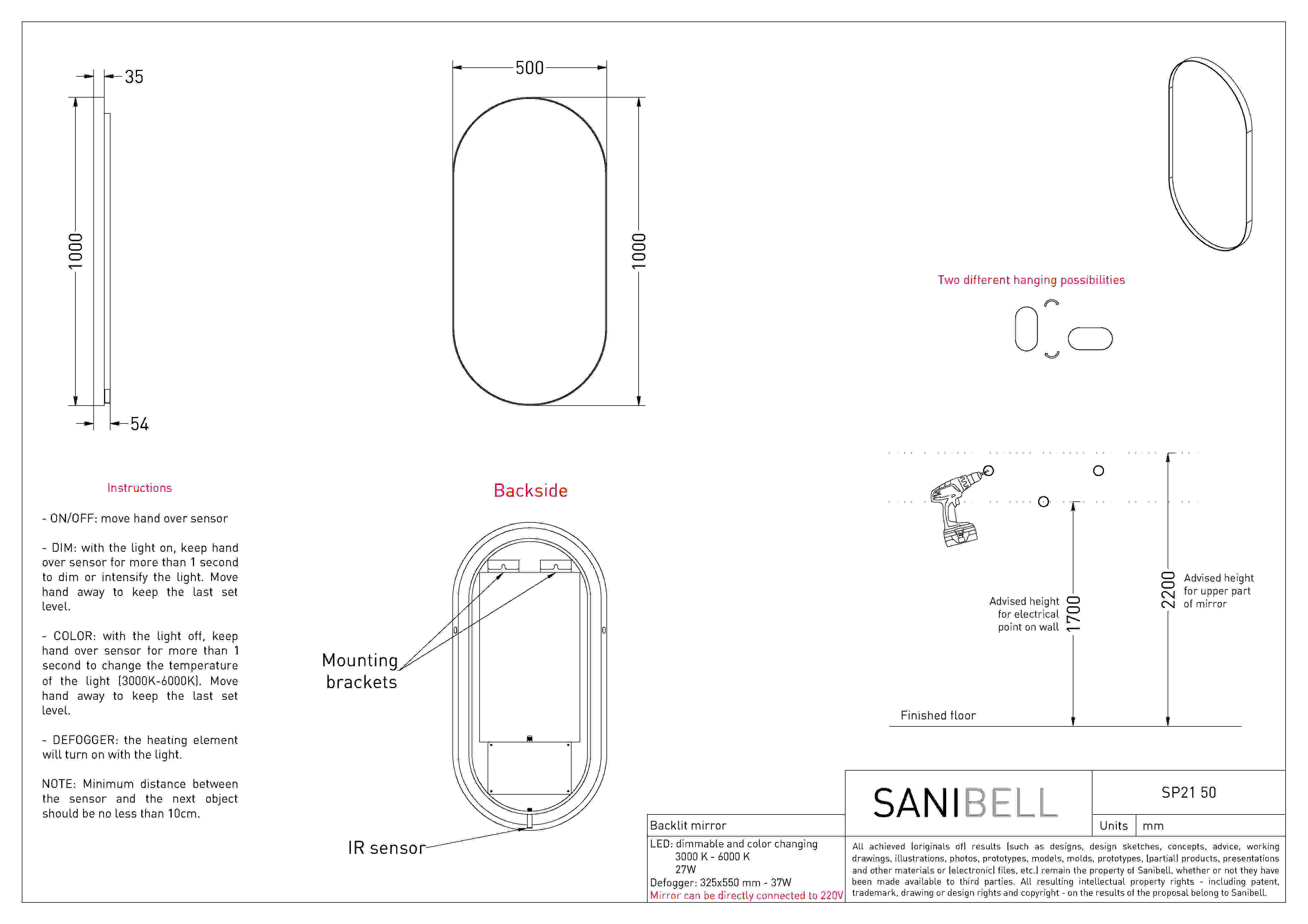 INK | SP21 | Badkamerspiegel | 50x100cm | LED verlichting rondom | Geborsteld Koper