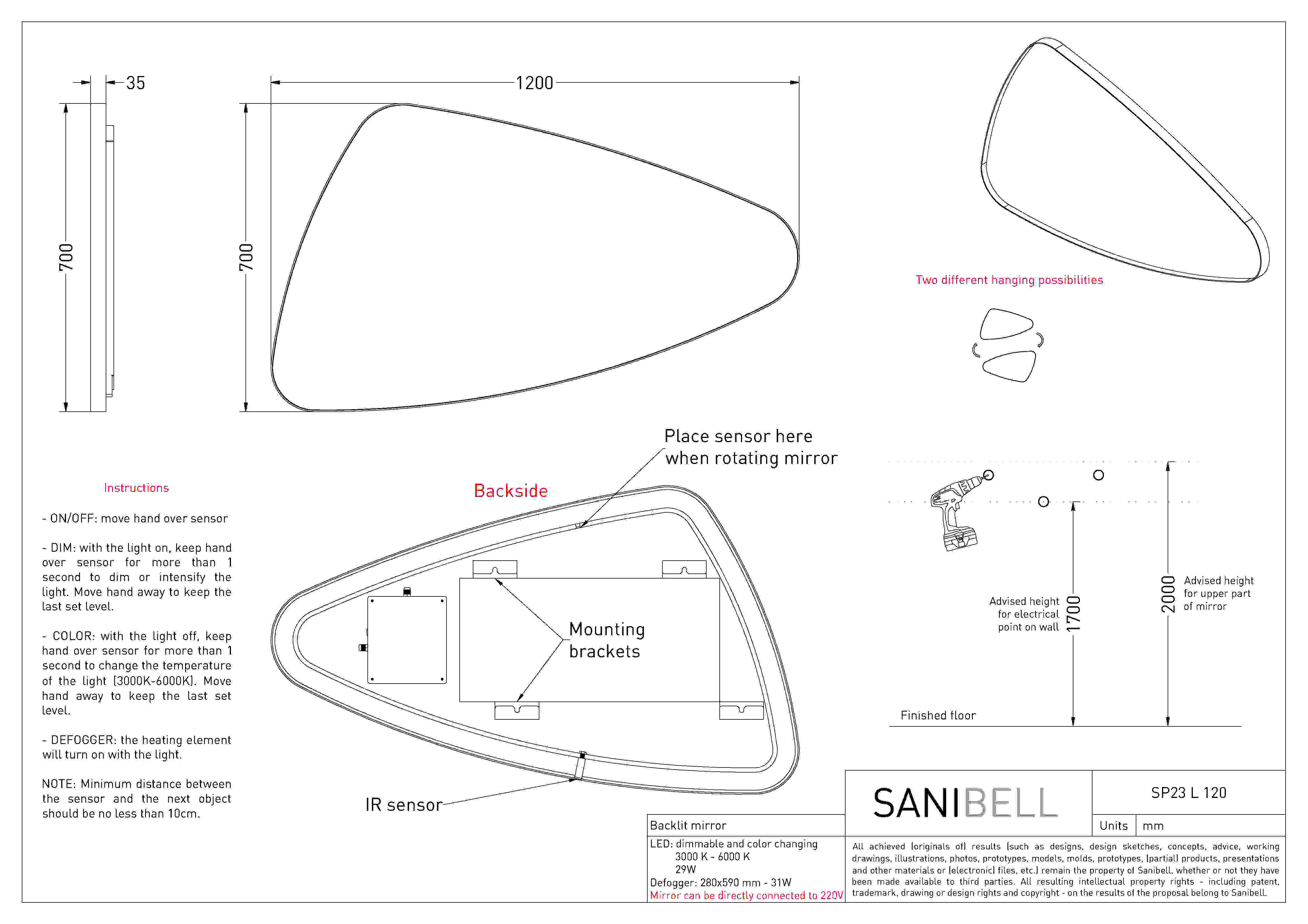 INK | SP23 | Badkamerspiegel | 120x70cm | Op frame met indirecte LED rondom | Linker versie | Matzwart