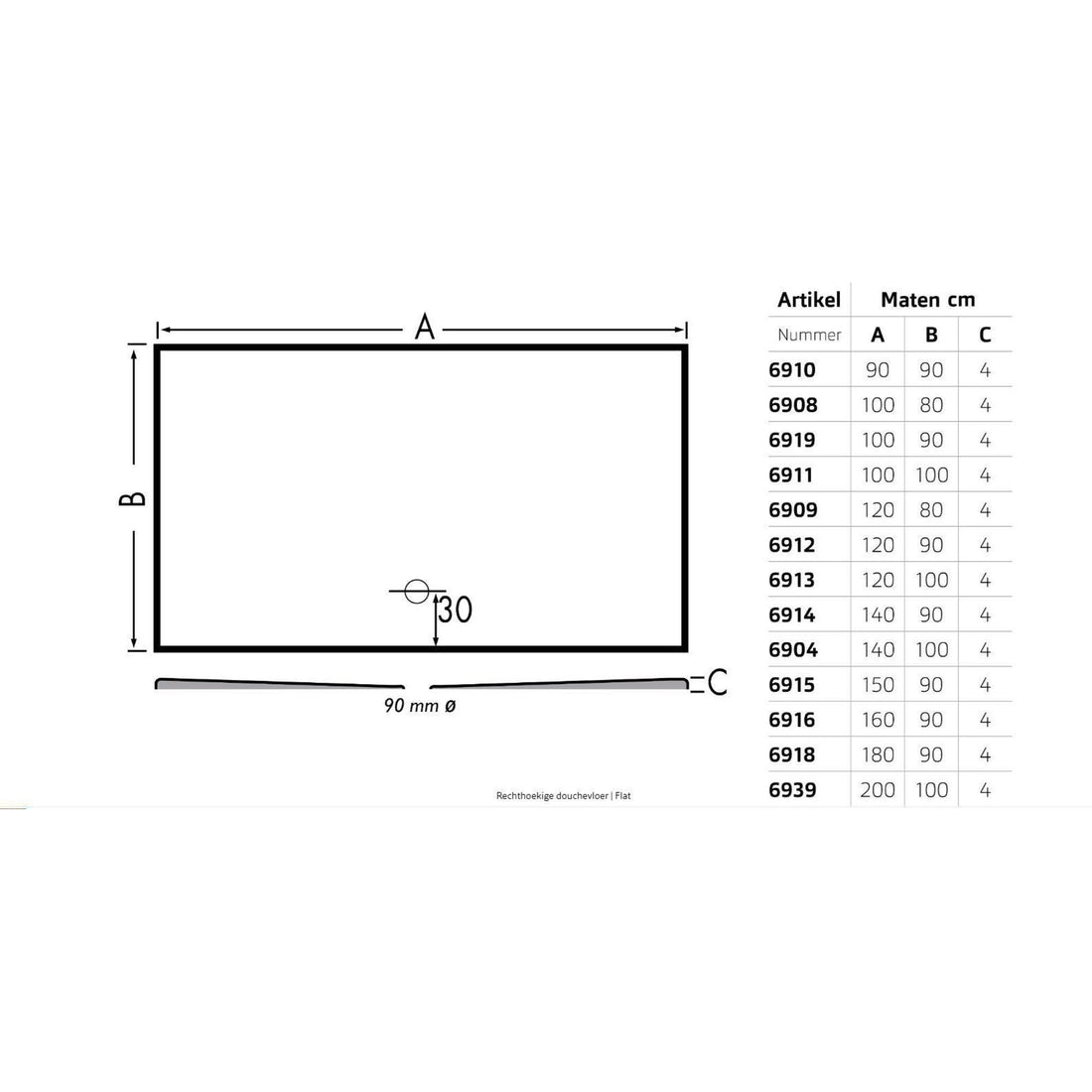 Xenz | Flat | Douchevloer | 90x90x4cm | rechthoek | Acryl Wit